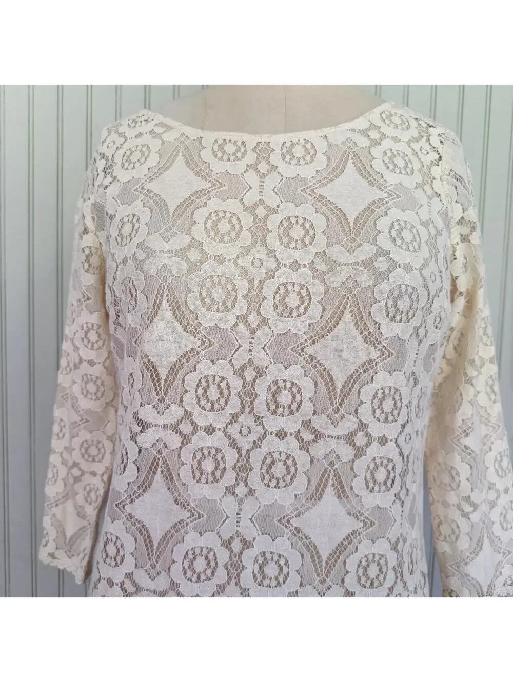 Free People Cream Lace Long Sleeve Boho Cottagecore Shift Dress